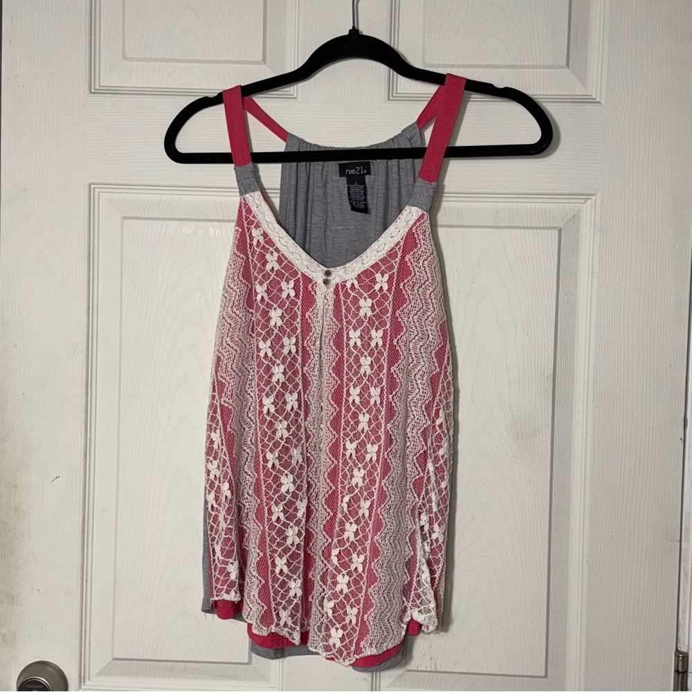 Rue 21 Pink and Gray Lace Tank Top Sz Large